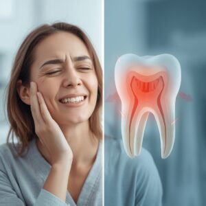 Mulher com dor de dente latejante tocando o rosto, ao lado de ilustração mostrando inflamação da polpa dentária.