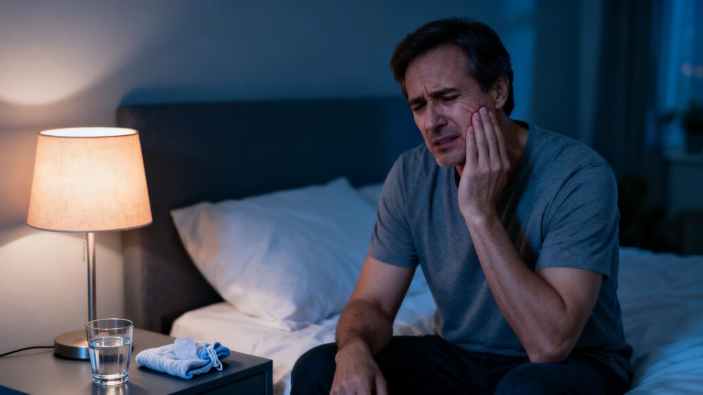 Homem sentado na cama à noite, com a mão no rosto por dor de dente, ao lado de um copo de água e uma compressa fria para alívio seguro.