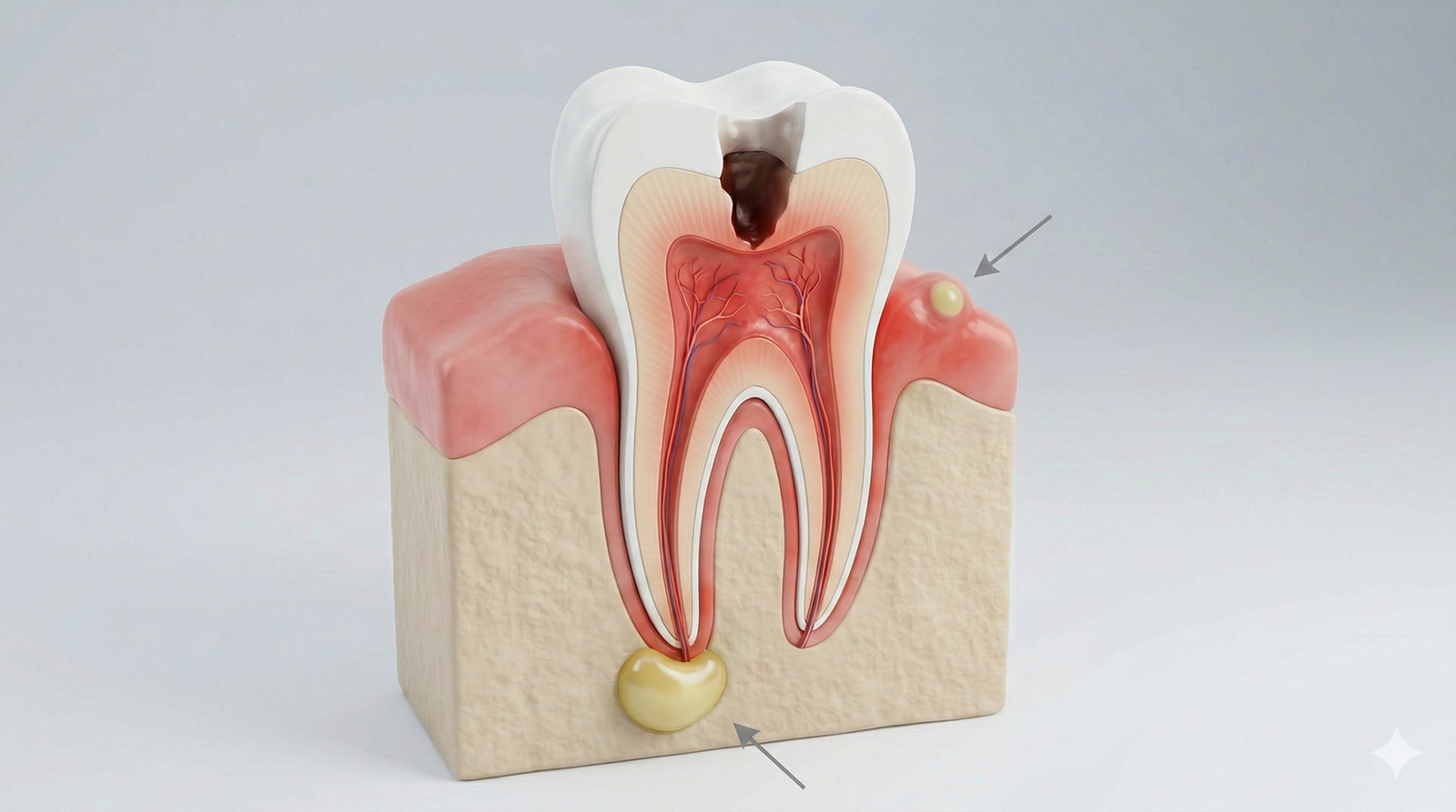 Dor de dente com pus: ilustração 3D de abscesso dentário na gengiva