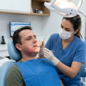 abscesso dentário com inchaço no rosto sendo avaliado por dentista