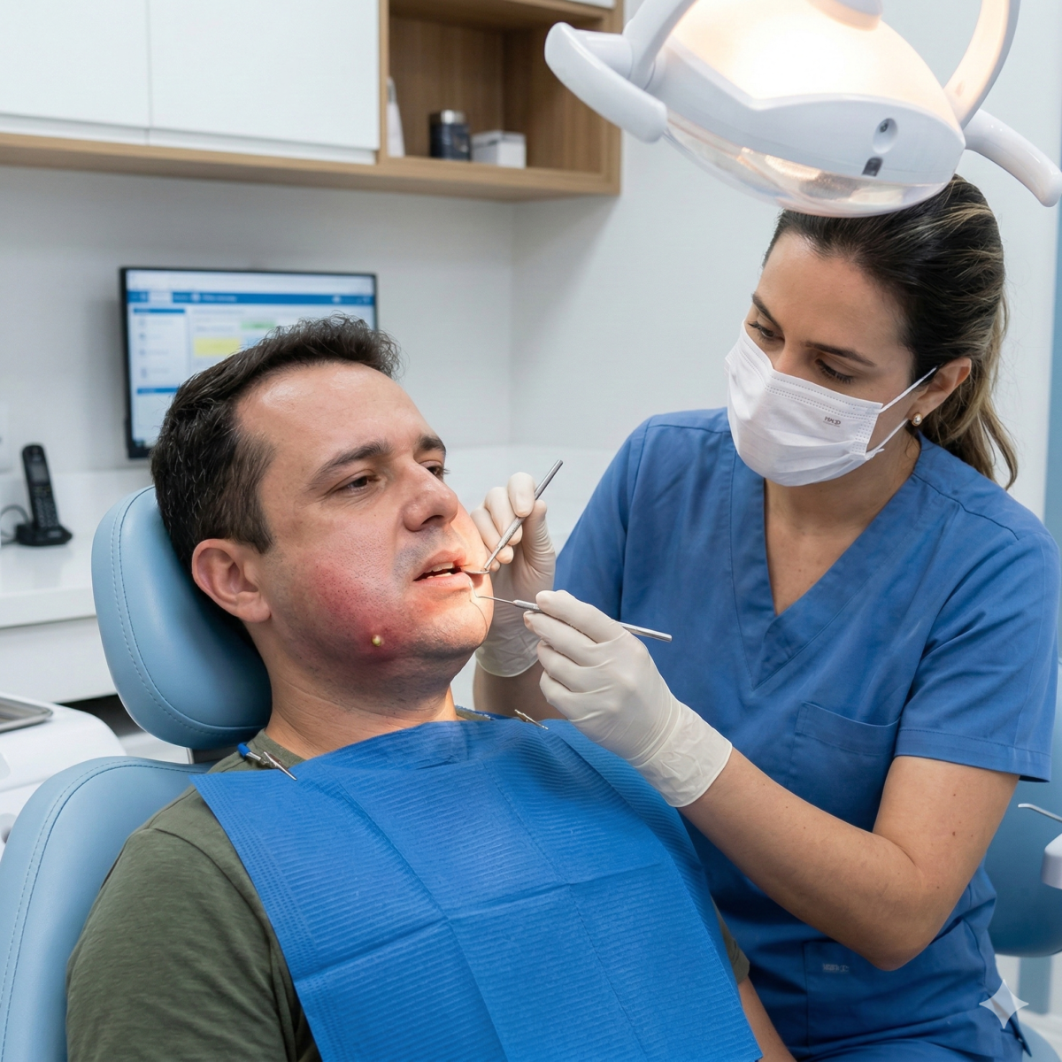abscesso dentário com inchaço no rosto sendo avaliado por dentista