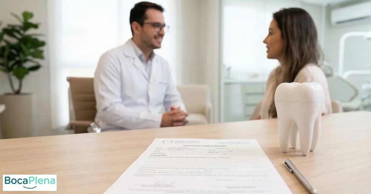 atestado odontológico com cid para dor de dente sobre a mesa de um consultório com modelo de dente ao lado