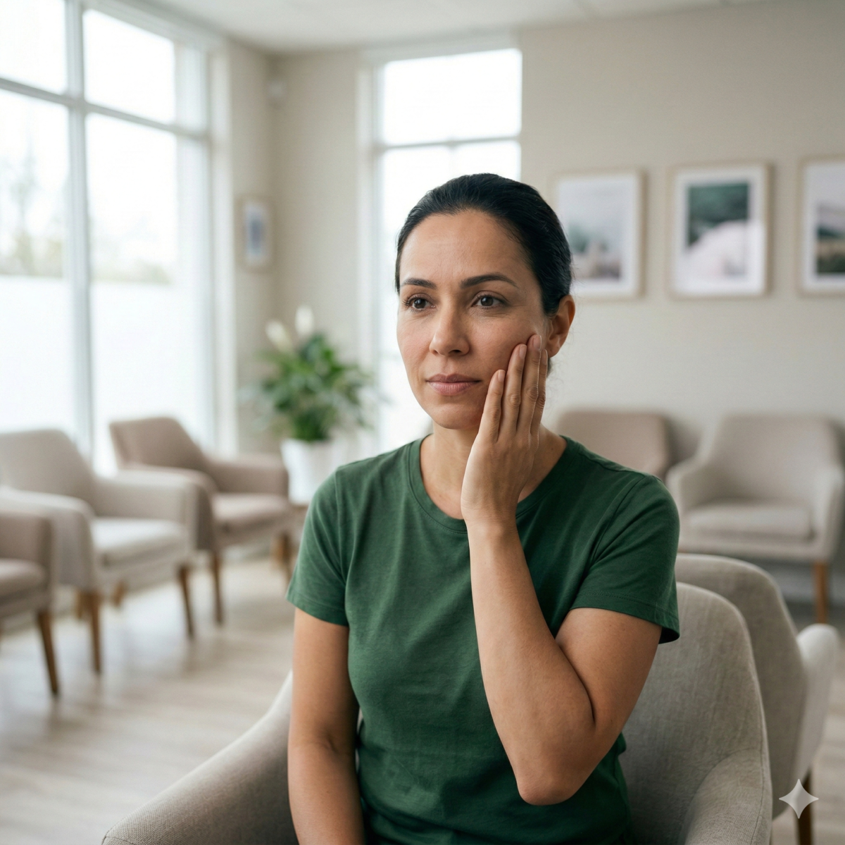 Mulher segurando a bochecha com dor de dente em uma sala de espera.