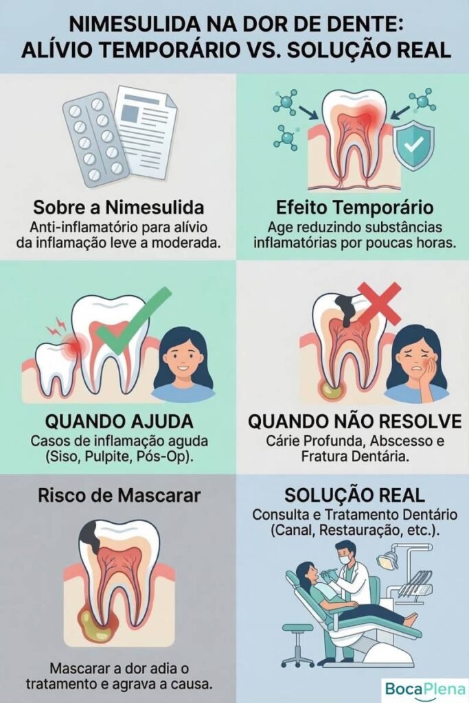 Infográfico comparativo sobre o uso de nimesulida para dente. Mostra o alívio temporário de inflamações agudas contraposto à solução real através de consulta e tratamento clínico.