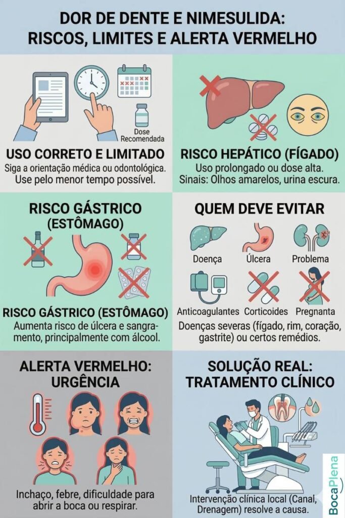 Infográfico detalhado sobre riscos e limites da nimesulida para dor de dente. Aborda os riscos hepáticos e gástricos, quem deve evitar e os sinais de alerta vermelho para procurar urgência médica.