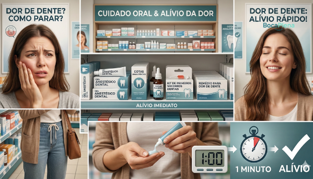Uma colagem de imagens publicitárias com a narrativa de alívio rápido para dor de dente. À esquerda, uma mulher angustiada com dor de dente e o texto 'DOR DE DENTE? COMO PARAR?'. No centro, prateleiras de farmácia repletas de produtos de 'CUIDADO ORAL & ALÍVIO DA DOR', como 'GEL ANESTÉSICO DENTAL' e 'GOTAS ANALGÉSICAS', com a promessa de 'ALÍVIO IMEDIATO'. À direita, a mesma mulher relaxada e sorridente com o texto 'DOR DE DENTE: ALÍVIO RÁPIDO!'. Na parte inferior, as mãos da mulher aplicam gel dental, ao lado de um gráfico que mostra um cronômetro e a marca de seleção para '1 MINUTO ALÍVIO